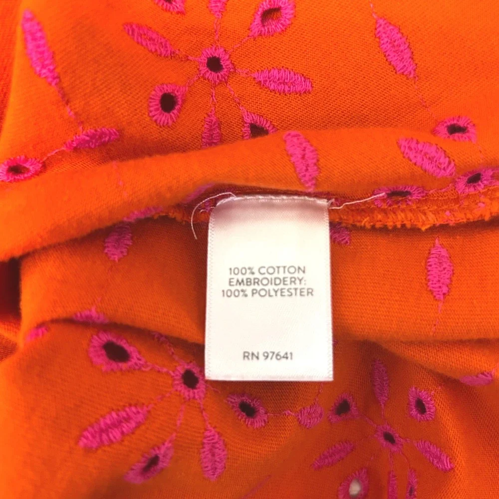 J Jill Contrasting Eyelet Tunic Embroidered Orange Pink 3/4 Sleeve V Neck Blouse - Picture 7 of 7